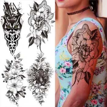 Black Snake Ziedu Pagaidu Tetovējumiem Sievietēm, Vīriešiem Reāli Tiger Narcise Dahlia Viltus Tetovējumu Uzlīmes Ūdensizturīgs Body Art Tetovējums
