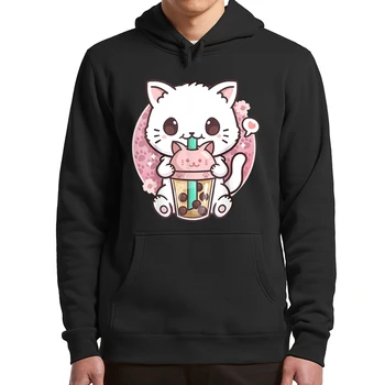 Kawaii Kaķis Boba Tējas Hoodies Anime Cute Kaķi Dāvanu Kapuci Sporta Krekls Gadījuma Mīksto Unisex Džemperis Vīriešiem Sievietēm