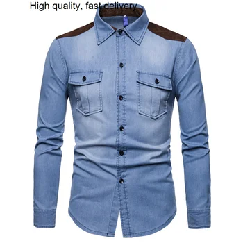 Stils garām piedurknēm Eiropas Džinsa Krekls Mens Modes Zīmola Retro Džinsa Kabatas Biznesa Mans Džinsi Krekls Pavasara Rudens Virsdrēbes