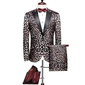 Vintage Leopards Izdrukāt Uzvalks Komplekts Slim Fit Balli Žakete, Kleita, Uzvalks Vīriešiem Sākotnējo Biznesa Skatuves Kostīmu Homme Kāzu Uzvalki