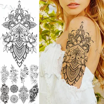 Mežģīnes Henna Ziedu Pagaidu Tetovējumiem Sievietēm Pieaugušo Reāli Mandala Saulespuķu Čūska Viltus Tetovējums Ielīmējiet Ūdensizturīgs Tatoos