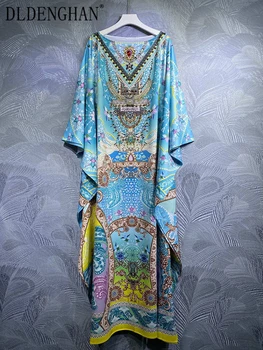 DLDENGHAN Rudens Sieviešu Maxi Brīvs Kleita-Kakls Plats Piedurkņu Crystal Diamond Vintage Garās Kleitas Modes Dizainere Jaunas