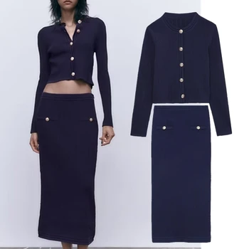 Elmsk 2022 Anglijas Styl Divi Gabali Komplekti Sieviešu Modes Elegants Kara Flotes Krāsu Trikotāžas Jakas Midi Svārki