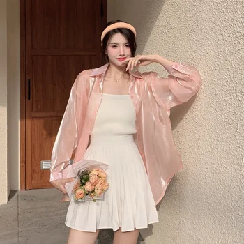 Šifona Kreklu Sauļošanās Apģērbs Sieviešu Vasaras Jauna korejiešu Stilā Zaudēt Spilgtu Zīda Milzīgais Modes Dāmas Topi Tīrs Krāsas Blūze