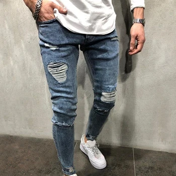 Šauri Džinsi vīriešu Streetwear Iznīcināta Ripped Džinsi Zilā Homme Hip Hop Sadalīti vīriešu Zīmuli Biker Modes Plāksteris Bikses Apģērbs