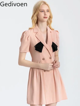 Gedivoen Modes Dizainera kleita Vasaras Sieviešu Kleita Robots apkakli, Īsām piedurknēm Dubultā krūtīm Slim Rozā Kleitas