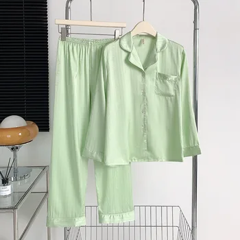 Pavasara Sievietes Žakarda Satīna Pidžamas Sexy Ledus Zīda Krekls Ar Garām Piedurknēm Bikses Divdaļīga Homewear Naktsveļu