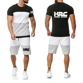 Vasarā Jauni Colorblock Vīriešu T-Krekli HRC sacīkšu motocikls Automašīnas Logo Uzdrukāts Gadījuma Apaļu kakla Kokvilnas Vīriešu T-krekls+bikses, uzvalks 2gab