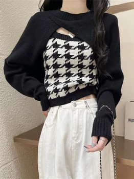 Modes Nelegālo Houndstooth Sieviešu Džemperis Uzstādīt Pavasara Sexy Ērtas Trikotāžas Pleds Veste Cietā Garām Piedurknēm Top Sieviešu Apģērbs