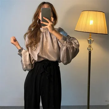 Jauna Blūze Sieviešu Pavasara Korejas Modes Gluda Slim Elegants Birojs, Dāmu Topi Šiks Laternu Piedurknēm Cieto Stand Apkakli Krekls Blusas