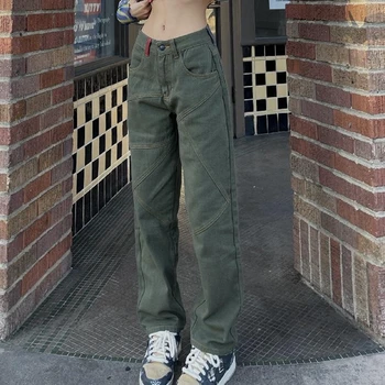 2022 Zaļās Džinsa Bikses Zemu Pieaugumu Džinsi Sievietēm Militāro Raibs Cute Gadījuma Taisni Vintage Jeans Platas Bikses Streetwear Bikses