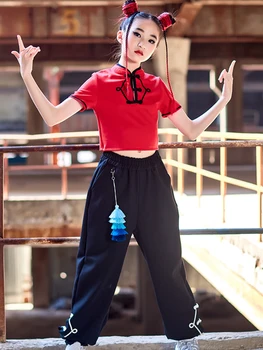 Jaunu Bērnu Hip Hop Deju Kostīmu Meitenes Ķīniešu Stilā Red Topi Melnas Bikses Veiktspēja Atbilstu Vasaras Ielu Deju Rave Drēbes BL8213