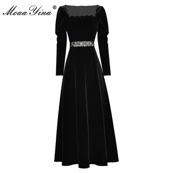 MoaaYina Modes Dizaineru Rudens Ziemas Kleitu Sieviešu Laukumā Apkakli, Augstu vidukļa Noapaļošana ar garām piedurknēm Melnā samta Kleita