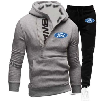 Ir 2021. Jauna Rudens ziemas Ford logo drukāt Vilnas kokvilnas Vīriešu rāvējslēdzēju džemperis+bikses Gadījuma sporta Vīriešu komplekts