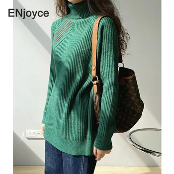 Vintage Green Augstu Uzrullētu Apkakli Garš Trikotāžas Džemperis Džemperi Sievietēm Gadījuma Brīvs Džemperis Salātu Dāmas Japānas Stila Modes Apģērbu