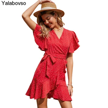 Vasaras Apģērbu ar V-veida kakla Ziedu Drukas Šifona Īsām Piedurknēm Augsta Vidukļa Mini Sieviešu Kleitas Ar Jostu Sexy Retro Vintage Kleita
