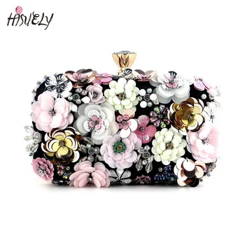 Modes dāmas ziedu vakariņas soma, kāzu sajūgs soma, jaunā gada dāvanu, jauna tendence krāsains ziedu pērļu izšuvumu banketa soma