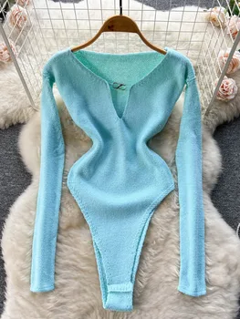 Foamlina Modes Sieviešu Trikotāžas Bodysuits vienkrāsainu V-veida kakla ar garām Piedurknēm Slim Fit Izgriezt augumu, Topi 2022 Rudens Streetwear