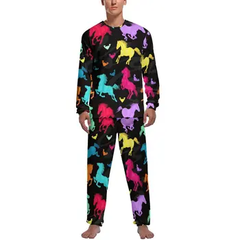 Krāsains Darbojas Zirgu Pidžamu Rudens Cute Dzīvnieku Print Gadījuma Sleepwear Man 2 Gabals Grafiskais Ilgtermiņa Piedurknēm Siltu Pidžamu Komplekts