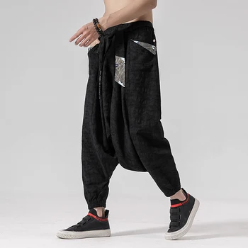 2022 Vīriešiem Ķīniešu Stilā Kritums Kājstarpes Harēma Bikses Vīriešu Veļa Plaša Kāju Bikses Vīriešu Ķīniešu Stilā Vintage Pāri Bikses Man Drēbes Bikses