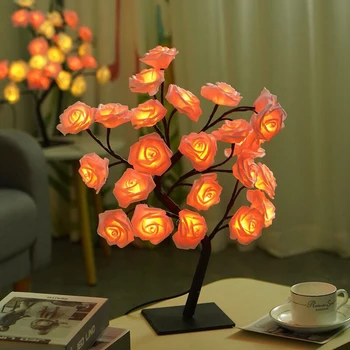 OURFENG Nakts Gaisma USB Galda Lampa LED Simulācijas Rožu Koks, Gaismas, ar Noņemamu Plastmasas Bāze par Dāvanu Mājas Apdare