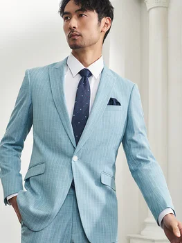 Vīriešu Uzvalks, Gaiši Zilu Svītru Modes Atpūtas Žakete Elsas Uzstādīt 2022 Pavasara Vasaras Kāzu Līgavainis Valkā Uzņēmējs, Apģērbs Plus 58
