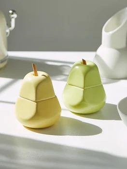 Radošās Keramikas Garšvielu Trauciņu ar Karoti Krējuma Krāsā Gudrs Apple Glabāšanas Kārbas Bumbieru Simulācijas Virtuves Pipari Kannas Mērci Burciņā