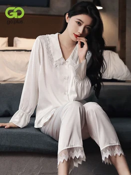 GOPLUS Pavasara Pidžamas Komplekts Sievietēm Miega Topi Elegants Balts Vintage V Kakla Mežģīnes Sleepwear Mākslīgās Zīda Long-sleeve Jaka Mājas Tērpi