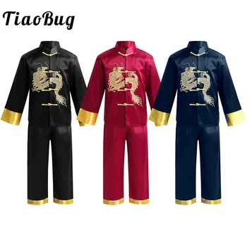 TiaoBug Bērniem Zēni, Tradicionālā Ķīniešu Apģērbs Zīda Izšuvumi Pūķis Kung Fu Tang Uzvalks Skatuves Sniegumu Cīņas Sporta Kostīms
