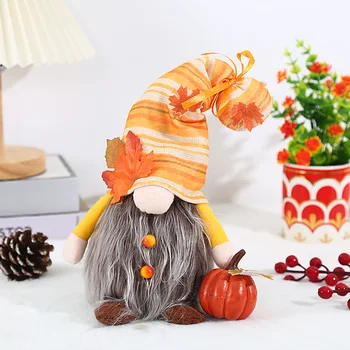 Rudens Pateicība Ķirbju Maple Leaf sejas Plīša Lelle Ietilpst Rotaļlieta Ražas Rotājumu Gnome Gaismas