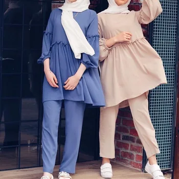 Musulmaņu Sievietes Ilgi Augšā un Bikšu Abaya Musulmaņu Sieviešu Modes Blūze un Bikses Abaya Dubaija Musulman Komplekti 2 Gabals, kas