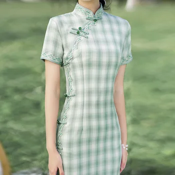 2022. gada Vasaras gados Jaunu Sieviešu Vienkāršs, Elegants Retro Zaļā Ilgi Pleds Uzlabota Tradicionālo Ķīniešu Cheongsam Qipao Kleita Meitenēm