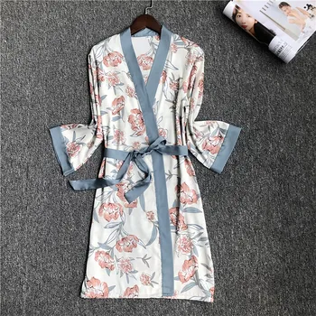 Drukāt Peldmētelis Satīna Kimono Drēbes Sleepwear Sievietēm Ar Jostu Nakts Kleita Mājas Halāti Vasaras Atpūtas Sleepdress