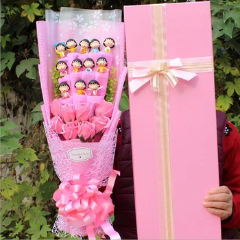 Rokdarbi plastmasas Chibi Maruko-chan ziedu karikatūra ziepes, puķu plīša pušķis Valentīna Dienā, dzimšanas dienā Dāvanas