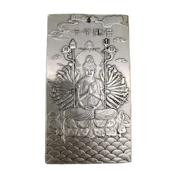 Ķīnas Veca Tibetas Sudraba Palīdzības Qianshou Guanyin Vidukļa Kartes Amuletu Kulons Feng Shui Laimīgs Kartes Kulons