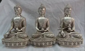 20.3 cm */Tibetas Sudraba Pūķis Buddhinsm 3 Sakiamuni Buda Uzstādīt Medicīnas budas Statuja apdare, metāla rokdarbu