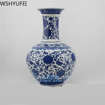 Jingdezhen keramikas vāze apdare, augstas kvalitātes antikvariāts, zilā un baltā porcelāna tangled lotus pudele mājas apdare amatniecības