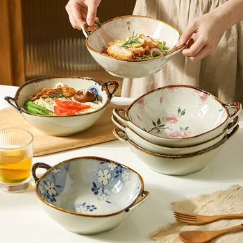 Ķīnas galda piederumi keramikas divi auss zupas bļoda liela ramen bļodā augstas kvalitātes keramikas zupu bļodā sadzīves nūdeles bļoda Apaļa zupas bļoda
