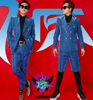 Ir 2021. Jaunu Uzvalku Vīriešu Dj Gd Magic Blue Slīpums Mirdzēt Dubultā Krūtīm, Kostīmi Mētelis Dziedātāja Skatuves Tērpi Vīrieši korejas Slim jakas