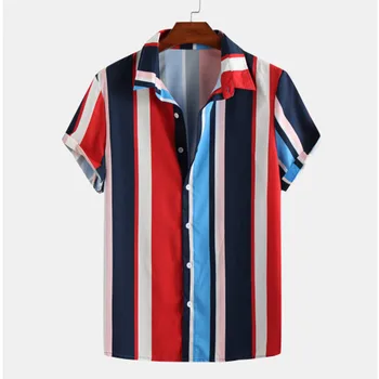 Ir 2021. Jauns Krekls Mens Casual Colorblock Vertikālas Svītras Drukāt Uz Augšu Kreklu Modes Beach Blūze Topi Havaju Krekli