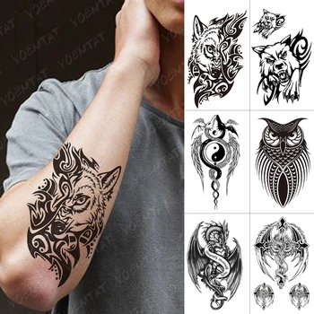 Ūdensnecaurlaidīgus Pagaidu Tetovējumu Uzlīmes Vilks Iņ Jaņ Pūķi Flash Tetovējumiem Scorpion Pūķis Body Art Roku Maori Totem Viltus Tetovējums Vīriešiem