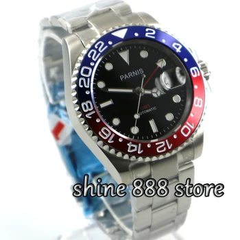 Parnis 40mm black dial, Red un Blue Bezel GMT safīra stikls automātiskās mens watch