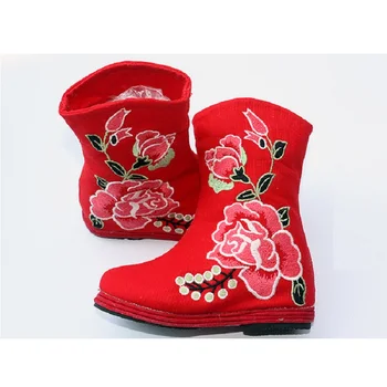 2018 Jaunākās Bērnu Meiteņu Zābaki Izšūti Rose Red Green Bērniem Boot Ķīniešu Tradicionālā Festivāla Kokvilnas Roku Darbs, Apavu Modes