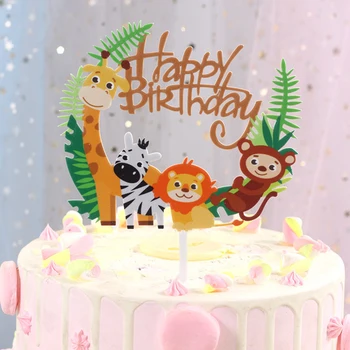 3PCS happy birthday karikatūra mērkaķis, lauva, zebra žirafe kūka karte top hat partijas apdare piederumi