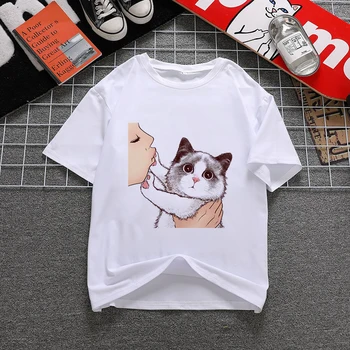 Harajuku Skūpsts Kaķi Sieviešu tshirts Estētisko krekls Ullzang Vintage 90s tshirt Jaunu Modes Top Lakrosa Sieviešu Apģērbu Tumblr