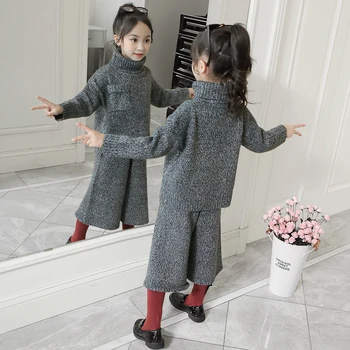 Meitenes Noble augstu uzrullētu apkakli Džemperis Apģērbu Komplekts Fall Winter Kids Jaunu Gadījuma Džemperi + Irdenas Trikotāžas Bikses Bērnu Apģērbu P396